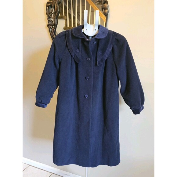 Vintage LC Tailorwear England Wool Swing Coat Navy Blue Girls 10 Velvet trim 60s - Picture 1 of 9